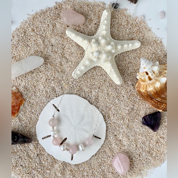 Sterling Silver Genuine Rose Quartz & Pearl Floating Necklace - Picture 1 of 4